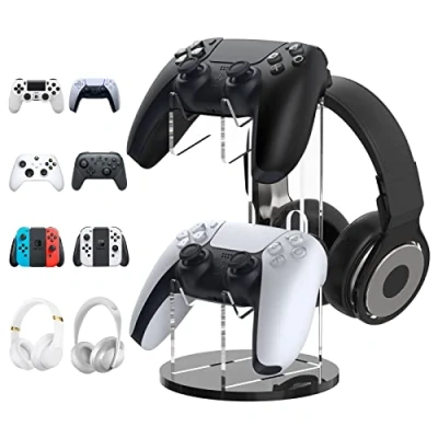 Image de MoKo Support Universel pour Manette de Jeu, Bureau PS5, PS4, Xbox One, Series, Multifonctionnel 2 en 1 Contrôleur Jeu/Casque Noir &amp; Transparent