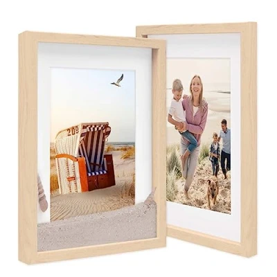 Image de PHOTOLINI Cadre Photo 3D à remplir 30 x 40 cm Naturel, Set de 2 Cadres boîte Profond avec Passe Partout, pour Objets jusqu&#039;à 1,5 cm, Bois MDF, Verre Les Loisirs créatifs &amp; comme Cadeau