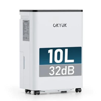 Image de OKYUK déshumidificateur électrique 10L, pour maison 30m² avec arrêt automatique, idéal pour, salles de bains, chambres, appartements, sous sols (Blanc 10L)