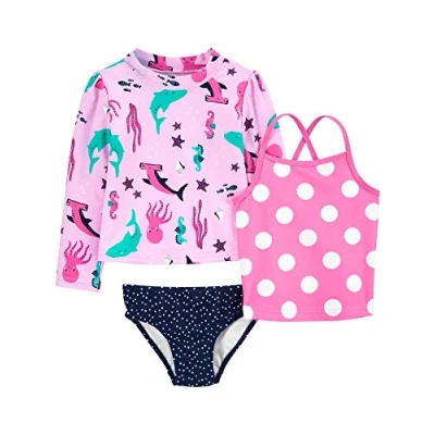 Image de Simple Joys by Carter&#039;s 3 Piece Assorted Rashguard Sets Ensemble de Maillot dermoprotecteur, Bleu Marine Points/Rose Motif À Pois/Créatures Marines, 18 Mois Bébé Fille