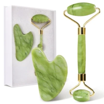 Image de GUGUG Gua Sha Jade Visage, Pierre de pour Rouleau Roller Relaxation des Muscles du Cou et Corps Vert