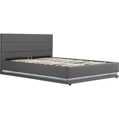 Image de Habitat et Jardin Lit Double LED Anastasia en Simili Gris Foncé avec Coffre Rangements 140 x 190 cm Cadre de 2 Places Design Sommier à Lattes Tête Inclus