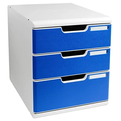 Image de Exacompta Réf. 325003D MODULO A4 Caisson 5 tiroirs fermés pour documents A4+ Dimensions extérieures : Profondeur 35 x largeur 28,8 Hauteur 32 cm Gris lumière/bleu
