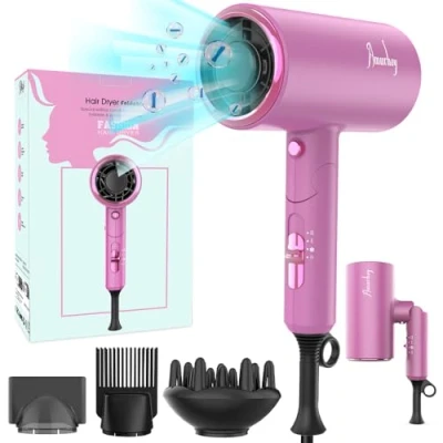 Image de Sèche cheveux Ionique Moteur AC 2200W, [Puissant &amp; Léger] de Voyage Poignée Pliante avec Bouton Chaud/Froid, 3 Températures / 2 Vitesses, pour Nombreuses Coiffures