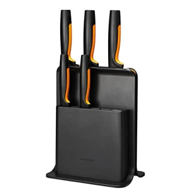Image de Fiskars Bloc de Couteaux Design avec 5 Couteaux, Functional Form, Comprenant Couteau à Légumes, Tomates, Chef Santoku, et Pain, Plastique, Noir, 1057554