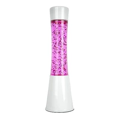 Image de fisura. Lampe à lave rose. Base blanche, liquide rose et paillettes de coeur. ambiance effet relaxant. Avec ampoule rechange. 11 cm x 11cm 39,5 cm.