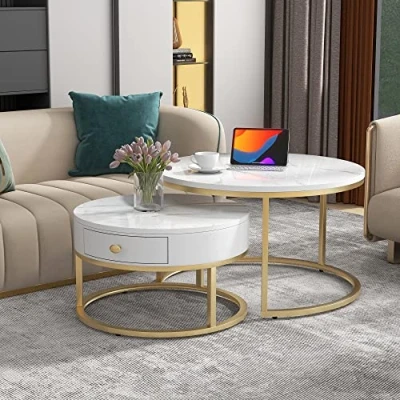 Image de Merax Lot de 2 Basses Rondes Table d&#039;appoint Moderne avec Motif Brillant pour Salon, Salle réception, Balcon et Bureau Structure en métal, Doré marbre, 70 x 45 cm