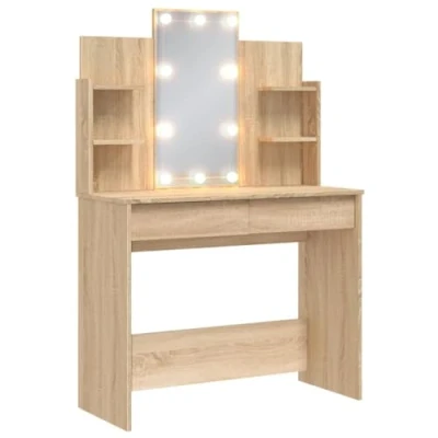 Image de vidaXL Coiffeuse avec Lumières LED, Table de Maquillage 2 Tiroirs et 4 Étagères, Cosmétique Miroir Chambre, Moderne, Chêne Sonoma