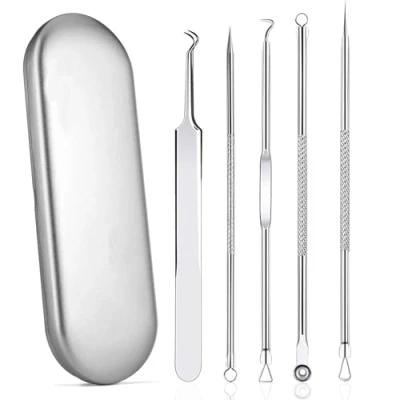 Image de vgggrd 5 Pièces Tire Comedon Point Noir, Kit Blackhead Remover Outil, Dissolvant l&#039;acné, Extracteur de Comédons Perce Bouton, Professional Pimple Extractor Acne Aiguille