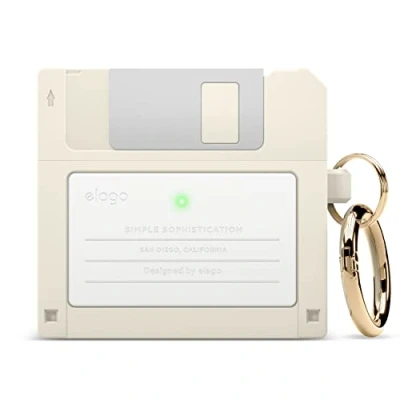 Image de elago Coque Disquettes Compatible avec AirPods 3, 3ème Génération Étui, Mousqueton Inclus, Résistant aux Chocs, Protection Complète, Chargement sans Fil (Blanc Classique)