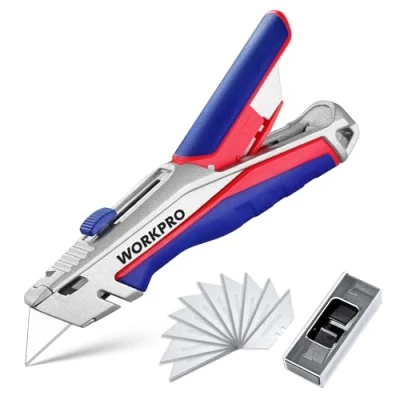 Image de WORKPRO Cutter Professionnel en Alliage de Zinc avec Mécanisme Changement Rapide, 4 Positions Réglables, Lames Trapèzes Réservées dans Poignée, 15 SK5 Incluses