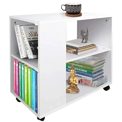 Image de BAKAJI Bibliothèque Basse étagère à 5 étagères avec Roues en Bois mélaminé, Table latérale, canapé, Design Moderne, pour Salon, Maison ou Bureau (Blanc)