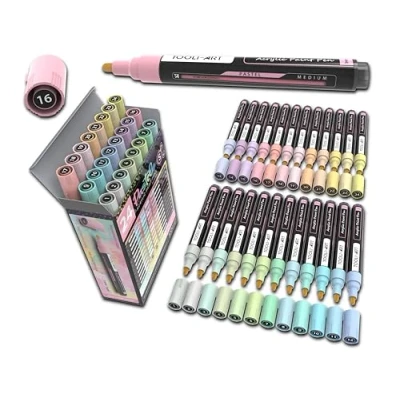 Image de TOOLI ART Lot de 24 marqueur peinture acrylique pastel 3 mm Pointe moyenne pour sur pierre, verre, gobelets, bois, métal, toile, détails, non toxique, à base d&#039;eau, séchage rapide feutre