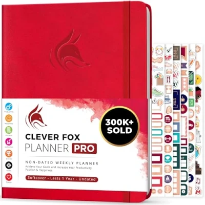 Image de Agenda Clever Fox PRO de vie hebdomadaire et mensuel pour augmenter la productivité, gestion du temps atteindre vos objectifs Organisateur, Durée 1 an A4, Non daté (Rouge)