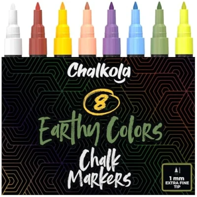 Image de Extra Fine Tip Chalkboard Chalk Pens 1mm Nib Pack of 8 Classic Earth Colors Non Toxic Wet Erase Liquid Ink Markers