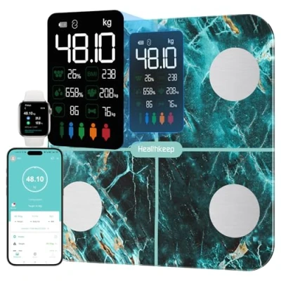 Image de Balance Pèse Personne, Healthkeep Connectée Impédancemètre Grand Écran VA Avec Fréquence Cardiaque 15 Mesures APP pour Andriod et iOS 180kg/400lb/28st, Vert