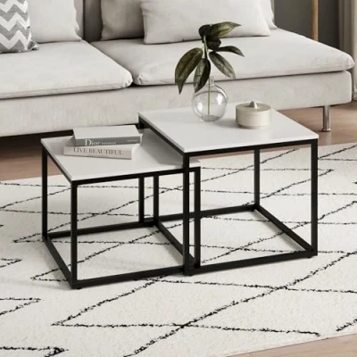 Image de Lot de 2 tables basses salon gigognes Table basse carrée Set Style industriel Blanc