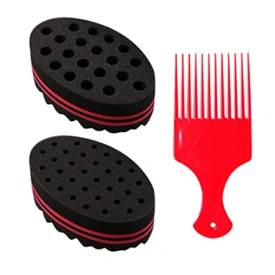 Image de 2 pièces de brosse éponge ovale pour cheveux bouclés, avec 1 peigne coiffage, à double face usage trou.