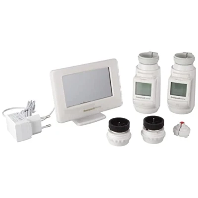 Image de Honeywell Home THR99C3112 evohome Thermostat intelligent WiFi avec relais de commande chaudière sans fil et 2 têtes radiateur fil, blanc (4 pièces)