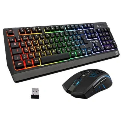 Image de The G Lab Combo Tungsten Ensemble Clavier et Souris Gamer sans Fil Rétro Éclairés Gaming Wireless AZERTy + 2400 DPI Pack pour PC PS4 PS5