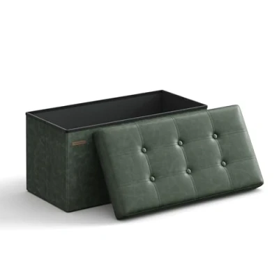 Image de SONGMICS Sitzhocker Banc, Pouf Pliable, 38 x 76 cm, Bout de Lit, Repose Pieds, Coffre Rangement, Charge jusqu&#039;à 300 kg, pour Salon, Chambre, Entrée, Vert Forêt LSF40C01, Métal Cuir, 76L cm