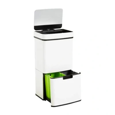 Image de Well Home Poubelle de recyclage 62 L (37 + 25 L) à 2 compartiments, ouverture automatique avec capteur, en acier inoxydable, blanc
