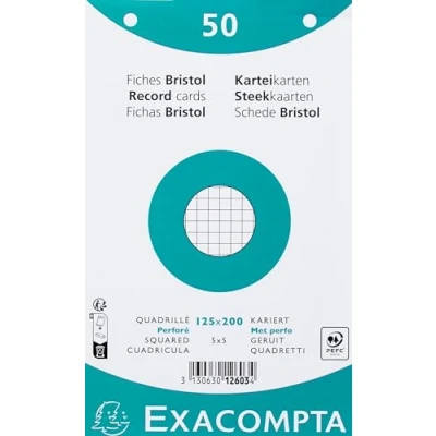 Image de Exacompta Réf. 12603E Paquet de 50 fiches bristol quadrillées 5x5 perforées sous film compatibles avec imprimante jet d&#039;encre, laser et photocopieur format 125 x 200 mm couleur blanc