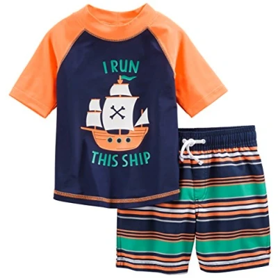 Image de Simple Joys by Carter&#039;s Maillot de bain, haut natation et short bain Bébé Garçon, Blanc Rayures/Bleu Marine Orange Navires, 12 mois