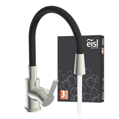 Image de EISL Flexo NI186FLNIB Robinet d&#039;évier de cuisine flexible en acier inoxydable/noir, bec haut avec tuyau doux au toucher, orientable à 360 degrés, économie d&#039;eau