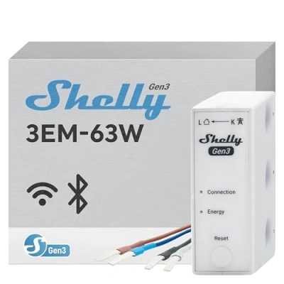 Image de Shelly 3EM 63W Gen3 Compteur électrique monophasé/triphasé, Wi Fi &amp; Bluetooth, sur Rail Din, Impulsion optique, Données historiques, Mesure énergie photovoltaïque, Commande à distance par app
