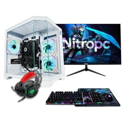 Image de NitroPC Pack Silver Plus PC de jeu complet (AMD Ryzen 5 5500 4,2 GHz, RX 6600 8 Go, RAM 16 M.2 1TB, Windows 11, RGB WiFi, écran 24&quot;, clavier, souris, écouteurs) bureau (blanc)