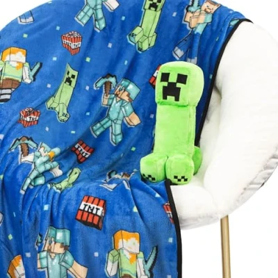 Image de Jay Franco Minecraft Creeper Couverture 130 x 150 cm avec Peluche Ensemble de 2 pièces Douce et Oreiller pour Enfant