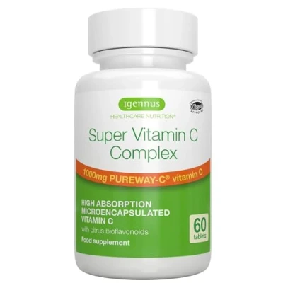 Image de Super Vitamin C Complex, Complexe Vitamine 1000mg, Pureway avec bioflavonoïdes d’agrumes, haute dose pour 24 heures de support immunitaire, vegan, 60 comprimés