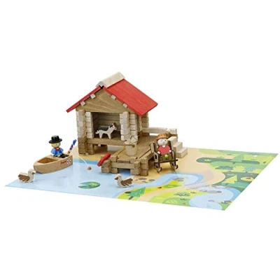 Image de Jeujura La Cabane de Pêche 90 pièces Bois Naturel Un Tapis Nombreux Accessoires Jeu Construction Âge Minimum : 3 Ans, 8219, Multicolore