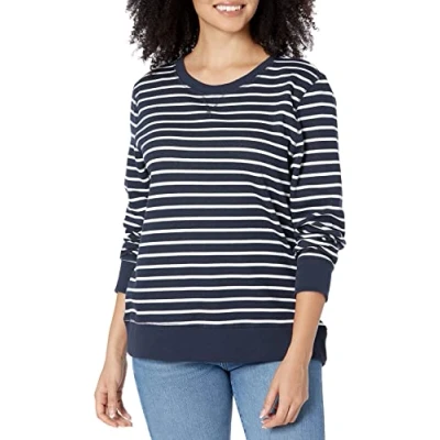 Image de Amazon Essentials Sweatshirt Col Rond en Molleton Éponge (Grandes Tailles Disponibles) Femme, Bleu Marine Blanc Rayures, XXL