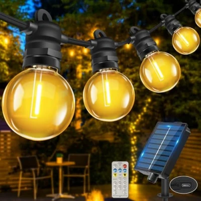 Image de Bowfar Guirlande lumineuse solaire d&#039;extérieur 10 m 17 + 2 ampoules G40 Avec télécommande IP68 Résistante aux intempéries 8 modes d&#039;éclairage de jardin Pour balcon, terrasse, extérieur