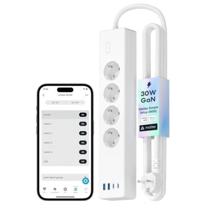 Image de Meross Multiprise Connectée Matter (Type F), 16A WiFi GaN USB C PD 30W avec Simple Setup, Compatible Alexa, Apple Home et Google Home, 4 Prises CA, 2 A