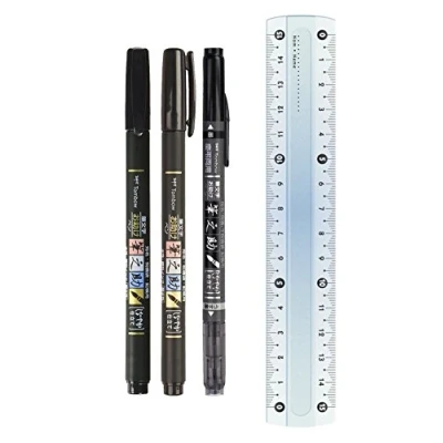 Image de Lot de 3 stylos Tombow Fudenosuke, pointe souple et dure (couleur l&#039;encre noire) + stylo double pinceau noir gris) avec règle gratuite