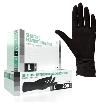 Image de Gants en nitrile Boîte de 200 pièces (L, Noir) d&#039;examen jetables, sans poudre, latex, non stériles, médicaux, tatouage, gants, à usage unique