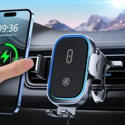 Image de Mohard 15W Support Telephone Voiture Induction [Serrage Automatique], Double Bobine Chargeur sans Fil Rapide Compatible avec iPhone 16/15/14/13/12/11, Galaxy ZFlip5/4/3/S25/S24, etc