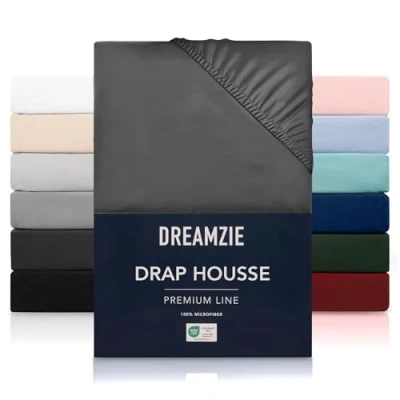 Image de Dreamzie Drap Housse 90x200 cmpour Matelas Épais jusqu&#039;à 33 cm 100% Polyester Microfibre Gris Foncé Certifié sans Produits Chimiques (Oeko TEX), avec Élastique Complet