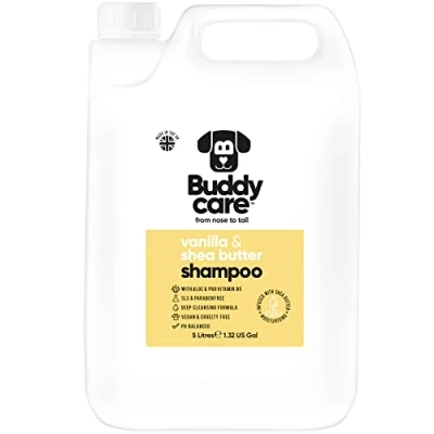 Image de Shampooing à la Vanille et au Beurre de karité par Buddycare hydratant pour Chiens Parfum Frais avec l&#039;aloe Vera provitamine B5 (5L)