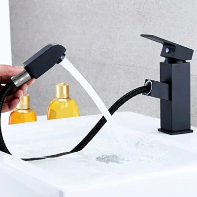 Image de Mitigeur lavabo noir douchette acier inoxidable levier unique eau chaude et froide avec tuyaux inclus robinet salle de bain
