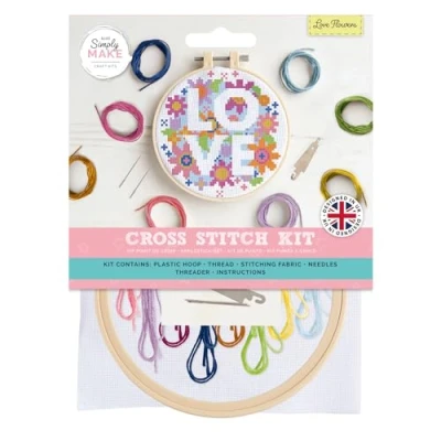 Image de Simply Make kit de point croix motif fleurs d&#039;amour, multicolore, bricolage unique, kits pour adultes, couture et broderie travaux manuels, fils à broder
