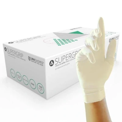 Image de Unigloves Supergrip Latex GM0024 gants d&#039;examen multi usages jetables sans poudre Boîte de 100 Naturels Taille L
