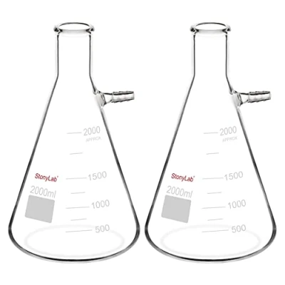 Image de stonylab Paquet de 2 Fioles Filtrantes en Verre Borosilicaté 2000ml, Glass Filtering Flask, Col Boulonné et Tubulation, 2000ml