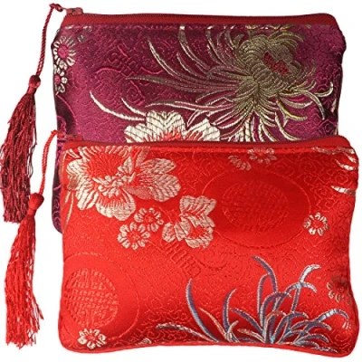 Image de kilofly Lot de 2 pochettes à bijoux rembourrées en brocart soie chinoise avec fermeture éclair, Set C.,