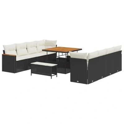 Image de Ensemble de Canapé Jardin 11 Pièces avec Coussins Noir Rattan Poly Acacia 3363025