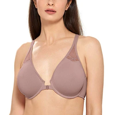 Image de DELIMIRA Femme Soutien Gorge Fermeture Devant Invisible Grande Taille avec Armature Decollete Plongeant Dos Nageur Mochaccino 100B
