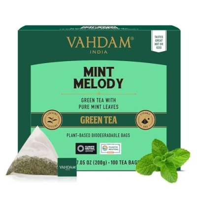 Image de VAHDAM, Mint Melody Thé Vert (100 Sachets De Pyramid) 100% Feuilles Menthe Verte Et Poivrée Naturelles Directement La Source En Inde Infusion Chaude/Glacée